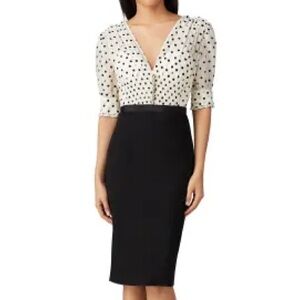Catherine Deane work sheath styled with a sophisticated polka dot top.